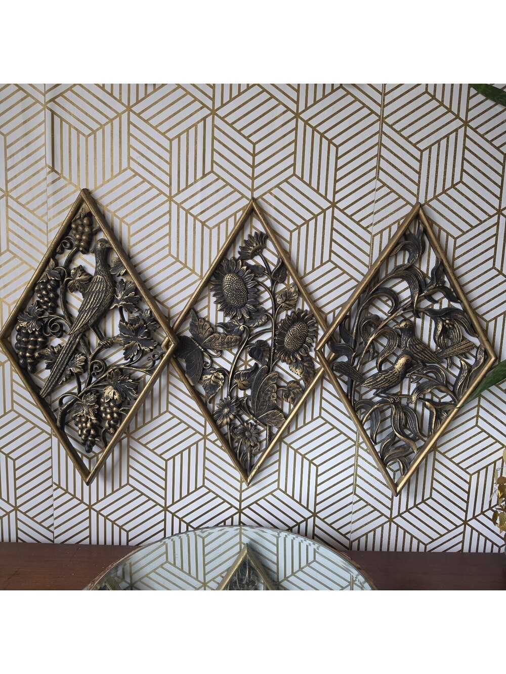 Vintage Burwood Black & Gold Retro Floral Birds Mid Century Diamond Wall Plaques